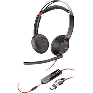 PLT Poly Blackwire 5220, Cuffia Cablata con Connessione USB-A, USB-C, AUX 3,5 mm, Cuscinetti in Similpelle, Riduzione del Rumore e dell'Eco, 2024,Comandi sul Cavo, Compatibile con Windows 10 e macOS, Nero