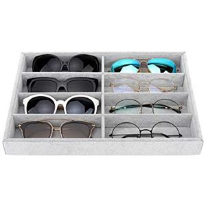 Emibele Scatola per Occhiali con 8 Scomparti, Espositore in Velluto per Occhieli da Sole Supporto Cassetto Organizzatore Vassoio Portagioie con 8 Griglie e Divisori Interni Staccabili - Grigio