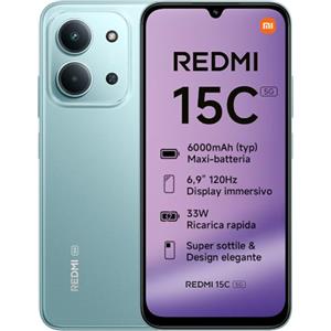 XIAOMI Redmi 15C 5G, Smartphone 4+128GB, Display 6,9" 120Hz, MediaTek Dimensity 6300, processore 5G, Dual camera AI 50MP, Mega batteria da 6000mAh, Garanzia 2 anni, Verde, Caricabatterie non incluso