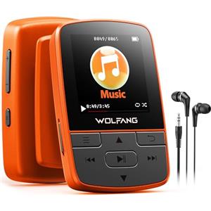 WOLFANG Lettore MP3 con Bluetooth 5.2, clip sportiva, formato mini, peso 28,3 g, radio FM HiF, registratore vocale, auricolari inclusi, arancione
