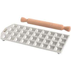 Marcato Stampo per Ravioli, Forme per Ravioli, Alluminio, Mattarello in Legno Incluso, Preparazione Facile, Design Elegante, RA-Q35X36-CLS