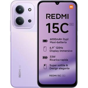 XIAOMI Redmi 15C 5G, Smartphone 4+128GB, Display 6,9" 120Hz, MediaTek Dimensity 6300, processore 5G, Dual camera AI 50MP, Mega batteria da 6000mAh, Garanzia 2 anni, Viola, Caricabatterie non incluso