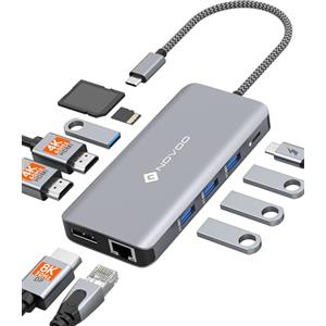 NOVOO Docking Station USB C, NOVOO 11 in 1 Hub USB C, Triplo Display con 2 HDMI 4K@60 Hz, DP 4K@120Hz, RJ45 Ethernet, 100W PD, Lettore SD/TF e 4 Porte USB Adattatore multiporta per MacBook/Dell/HP/Surface