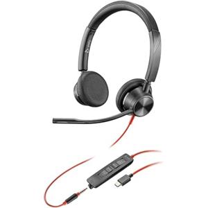 PLT Poly Blackwire 3325, Cuffia Cablata con Connessione USB-A, USB-C, AUX 3,5 mm, Cuscinetti in Similpelle, Riduzione del Rumore e dell'Eco, Comandi sul Cavo, Compatibile con Windows 10 e macOS, Nero