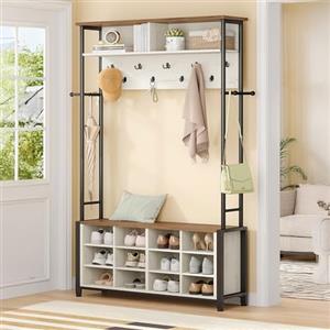 Hzuaneri Appendiabiti Ingresso con Panca Scarpiera, 12 Scomparti per Scarpe, 13 Ganci Attaccapanni, 31 x 110 x 187 cm, Industriale, per Corridoio, Ingressom, Marrone e Bianco HT17914B