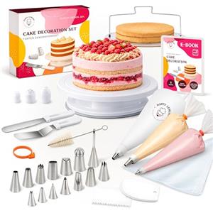 Happy Lemuro - Kit Decorazione Torte con Piatto Girevole, beccucci Inox e sac à Poche Premium - Set Accessori Pasticceria per Principianti ed esperti