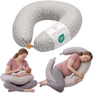 MIMUSELINA Cuscino Allattamento e Gravidanza 100% Cotone | Extra Grande e Morbido 200 x 70 cm | Cuscino Gravidanza, Allattamento e Nido Neonato | Fodera Sfoderabile e Lavabile | Grigio con Fiori