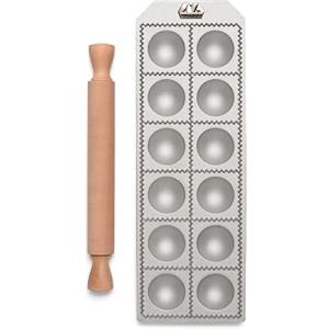 Marcato Stampo per Ravioli, Forme per Ravioli, Alluminio, Mattarello in Legno Incluso, Preparazione Facile, Design Elegante, RA-T55X12-CLS