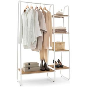 GIANTEX Appendiabiti con 5 Ripiani e Asta, Appendiabiti da Terra In Metallo e Legno, Armadio Aperto Con Portascarpe Autoportante, 100 x 40 x 151 cm