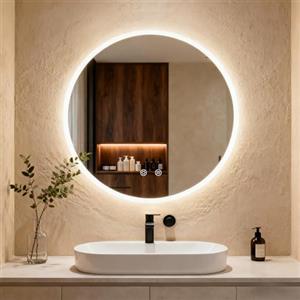 Clevich Specchio da bagno con illuminazione rotonda 60 cm, specchio LED con 3 colori di luce dimmerabile, vetro temperato e bordo smerigliato, interruttore touch, funzione memoria, anti-appannamento
