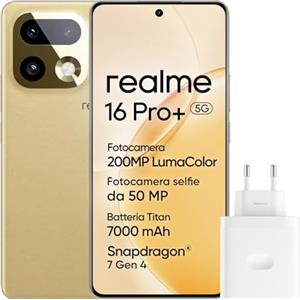 realme 16 Pro+ 5G Smartphone, 8GB+256GB, Display Curvo AMOLED 144Hz 6,8", Batteria 7000mAh, Fotocamera 200MP OIS, IP69K, Ricarica Rapida 80W, Doppia SIM, Next AI, Oro (Con Adattatore)