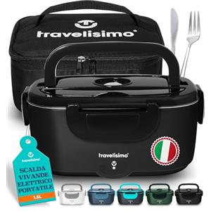 TRAVELISIMO Scaldavivande Elettrico Portatile 100W 1,5L Porta Pranzo Termico 220V/12V/24V Schiscetta Pranzo Riscaldabile per Viaggio e Lavoro Portavivande Termico & Porta Pranzo Riscaldabile