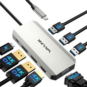 WAVLINK Docking station per laptop WAVLINK, docking station quad monitor con doppia porta DP, HDMI, VGA, ingresso PD da 100 W, 3 porte USB-A 2.0, compatibile con Dell/HP/Lenovo ecc., solo sistema Windows