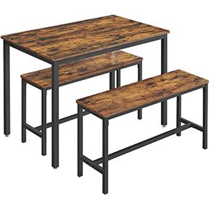 VASAGLE Tavolino da Pranzo con 2 Panche, Set di 3 Pezzi, Tavolo da Cucina 70 x 110 x 75 cm, 2 Panche 30 x 97 x 50 cm, Struttura in Acciaio, Marrone Vintage e Nero KDT070B01