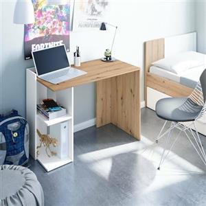 Dmora - Scrivania Tucson, Scrittoio multifunzione reversibile multiposizione, Tavolo da studio o ufficio porta PC con scaffale e ripiani, 100x52h78 cm, Bianco e Rovere nodi