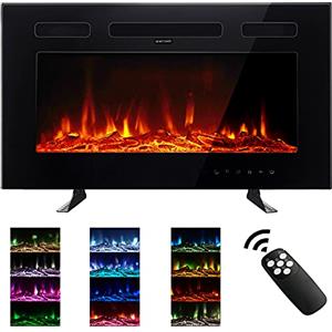 M.C.Haus Camino Elettrico Ultra sottile, Silenzioso, 12 Diverse Fiamme, Montaggio a Parete a Incasso, Touchscreen in Vetro e Telecomando, con Cristallo e Tronco di Legno(76,2cm, Nero)