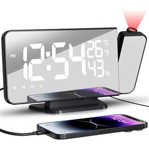 TAKRINK Sveglia con Proiettore, 7.5" Radio Sveglia Digitale da Comodino con Proiettore con Rotazione di 180 ° Luminosità Regolabile con Temperatura Umidità, Display LED Bianco
