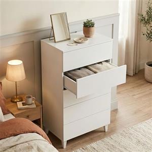 Dmora Cassettiera Roseville 40x61x117h cm Bianco 5 Cassetti Apertura Scorrevole, Chiusura Scorrevole