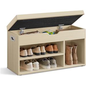 VASAGLE Scarpiera Panca Ingresso, Panca Contenitore con Cuscino Imbottito, 3 Scomparti, Ripiani, Soggiorno Corridoio Camera da Letto, Portata 136 kg, Beige Naturale LHS030K02
