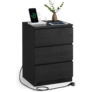 VASAGLE KAILYN Collezione - Comodino con Stazione di Ricarica, con 3 Cassetti, 2 Prese AC 2 Porte USB, per Soggiorno, Camera da Letto, Studio, Nero Ebano LET631B56