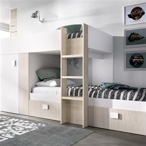 Dmora Bambini Cevedale, Cameretta Completa con Armadio e cassetti, Composizione Letto a Castello con Due lettini Singoli, 271x111h150 cm, Bianco e Rovere