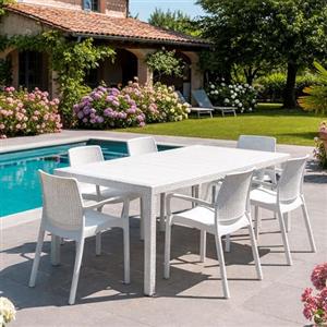 Dmora - Set salotto da esterno Manarola, Ripiano allungabile da esterno con 4 sedie, Tavolo e sedute da giardino effetto rattan, 100% Made in Italy, Bianco