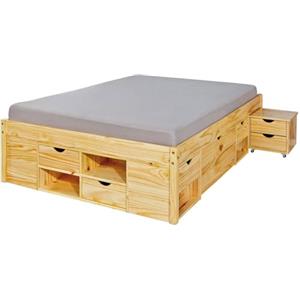Dmora Letto matrimoniale con vani contenitore e comodino incluso con ruote, colore rovere, cm 166.5 x 47,5 x 209