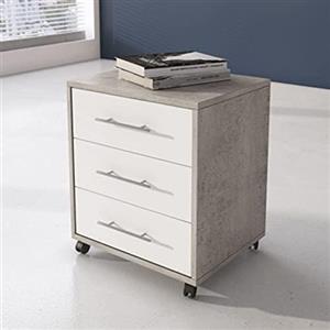 Dmora Cassettiera da ufficio a 3 cassetti su ruote, Mobiletto portadocumenti, Comodino elegante da scrivania, cm 43x40h57, colore Cemento e Bianco