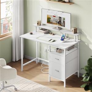 VASAGLE Scrivania per Computer con Cassetti in Tessuto, Supporto per Monitor, Scrivania da Ufficio, 2 Prese AC, 2 Porte USB-A, 120 x 60 cm, Bianco Acero LWD093W01V1