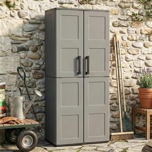 Dmora - Armadio da esterno Geel, Mobile porta scope multiuso, Armadietto outdoor 2 ante, 100% Made in Italy, Finitura quadri, 68x37h163 cm, Grigio e Nero