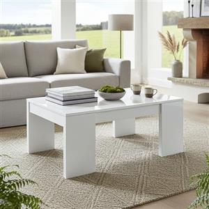 Dmora - Tavolino da salotto Malibu, Tavolino da caffè con piano elevabile, Tavolo basso da soggiorno, 100x50h43/84 cm, Bianco lucido