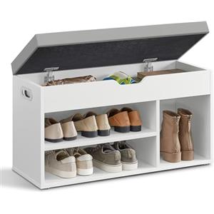 VASAGLE Scarpiera Panca Ingresso, Panca Contenitore con Cuscino Imbottito, 3 Scomparti, Ripiani, Soggiorno Corridoio Camera da Letto, Portata 136 kg, Bianco Nuvola e Grigio Tortora LHS030W01
