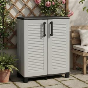 Dmora - Armadio da esterno Wavre, Armadio balcone multiuso, Mobile outdoor 2 ante, 100% Made in Italy, 68x37h90 cm, Grigio chiaro e Nero, Finitura righe