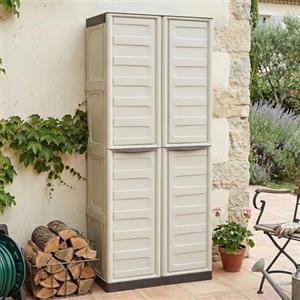 Dmora - Armadio da esterno Marchin, Mobile balcone multiuso, Armadietto outdoor 2 ante, 100% Made in Italy, Beige e Marrone, Finitura righe, 70x39h165 cm