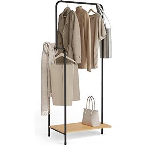 Newlux-Appendiabiti da Terra Resistente Fino a 18kg Hangy Wood 100 con Scarpiera. Attaccapanni da Terra Metallico con Binario Laterale | Grande Stabilità | Facile Montaggio | 62x42x150cm | Nero