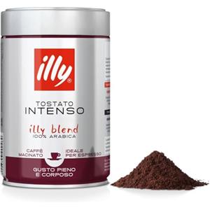 illy, Caffè Macinato per Espresso Tostato INTENSO, 100% Arabica con Note di Cacao e Frutta Secca, Retrogusto Pieno e Corposo, Confezione da 250g
