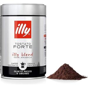 illy, Caffè Macinato per Moka Tostato FORTE, 100% Arabica con Intenso Aroma di Pan Tostato e un Retrogusto di Cioccolato Fondente, Gusto Deciso, Confezione da 250g