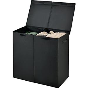 GIANTEX Cesto Portabiancheria Sporco da 115 L con Coperchio, Cesta Portabiancheria da 2 Scomparti Divisi con Maniglie, Cesta Biancheria in Tessuto per Camera Bagno, 62x31x60 cm, 2 Colori (Nero)