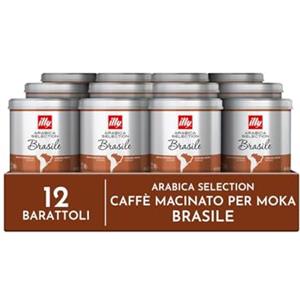 illy, Caffè Macinato per Moka Arabica Selection Brasile, 100% Arabica con Note di Caramello e Frutta Secca, Gusto Intenso, Confezione da 12 Barattoli (12 x 125g)