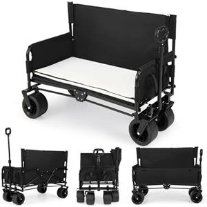 COSTWAY 2 in 1 Carrello Pieghevole con Panca, Carrello Trasportabile con Maniglia Regolabile, Cuscini Morbidi e Ruote, Carrello da Giardino in 600D Oxford, 80 kg, 85 L, per Campeggio e Spiaggia (Nero)