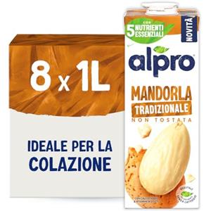 ALPRO CLASSICO, Bevanda alla MANDORLA TRADIZIONALE, Naturalmente Senza Lattosio, con Calcio, Iodio, Vitamine B12, D2, E - 8 Confezioni da 1 Litro