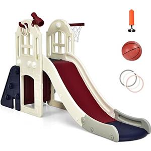 RELAX4LIFE 6 in 1 Scivolo per Bambini, Set Arrampicata Palestra con Canestro da Basket, Tunnel, Lancio dell'Anello, Telescopico, Scivolo per Esterni e Interni in HDPE per 3-8 Anni (Blu slittino)