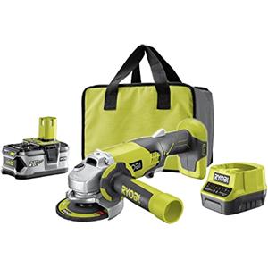 Ryobi Smerigliatrice Angolare a Batteria 18V ONE+ con Batteria 4,0Ah e Caricabatterie, Disco 115 mm, Velocità 7500 giri/min, Impugnatura Laterale, Ideale per Taglio e Smerigliatura, R18AG-140S