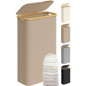 SONGMICS Cesto Portabiancheria con Coperchio, Cesta per Bucato, 65L, Salvaspazio, Sacco Rimovibile, Tessuto Oxford, Manici di Bambù, Pieghevole, 42 x 22,5 x 70,5 cm, Marrone Cammello LCB506N02