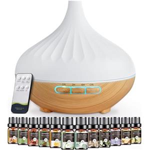 AESHORY Diffusore di Oli Essenziali, 500 ML Umidificatore Ambiente con Con Set di 12 X 5 Ml Olio Essenziale, Diffusore di Aromi con Telecomando, 4 Timer e 7 Colori LED Luce Notturna