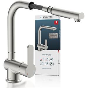 SCHÜTTE 79729 LONDON Miscelatore da cucina a bassa pressione in acciaio inox con doccetta estraibile, rubinetto da cucina orientabile a 360 gradi, miscelatore monocomando, miscelatore per lavello