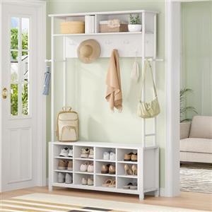 Hzuaneri Appendiabiti Ingresso con Panca Scarpiera, 12 Scomparti per Scarpe, 13 Ganci Attaccapanni, 31 x 110 x 187 cm, Industriale, per Corridoio, Ingressom, Bianco HT17913W