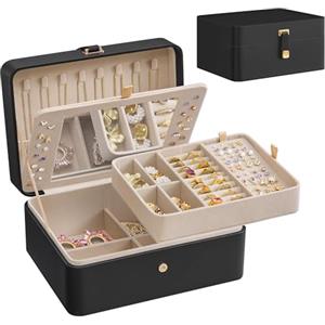 SONGMICS GISELLA Collezione - Scatola Portagioie con Specchio, Porta Gioielli 2 Livelli, Vassoio Rimovibile, 17,6 x 22 x 11 cm, Porta Orecchini Collane, Idea Regalo, Nero Inchiostro JBC200B01