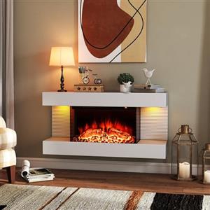 RELAX4LIFE Caminetto Elettrico da Parete con Mensola Fluttuante, Fiamma Multicolore e Luce Ambientale, Caminetto da 750W/1500W con Telecomando, Protezione da Surriscaldamento e Timer 8 Ore