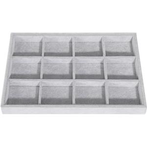 Emibele Scatola per Occhiali con 12 Scomparti, Espositore in Velluto per Occhieli da Sole Supporto Cassetto Organizzatore Vassoio Portagioie con 12 Griglie e Divisori Interni Staccabili - Grigio